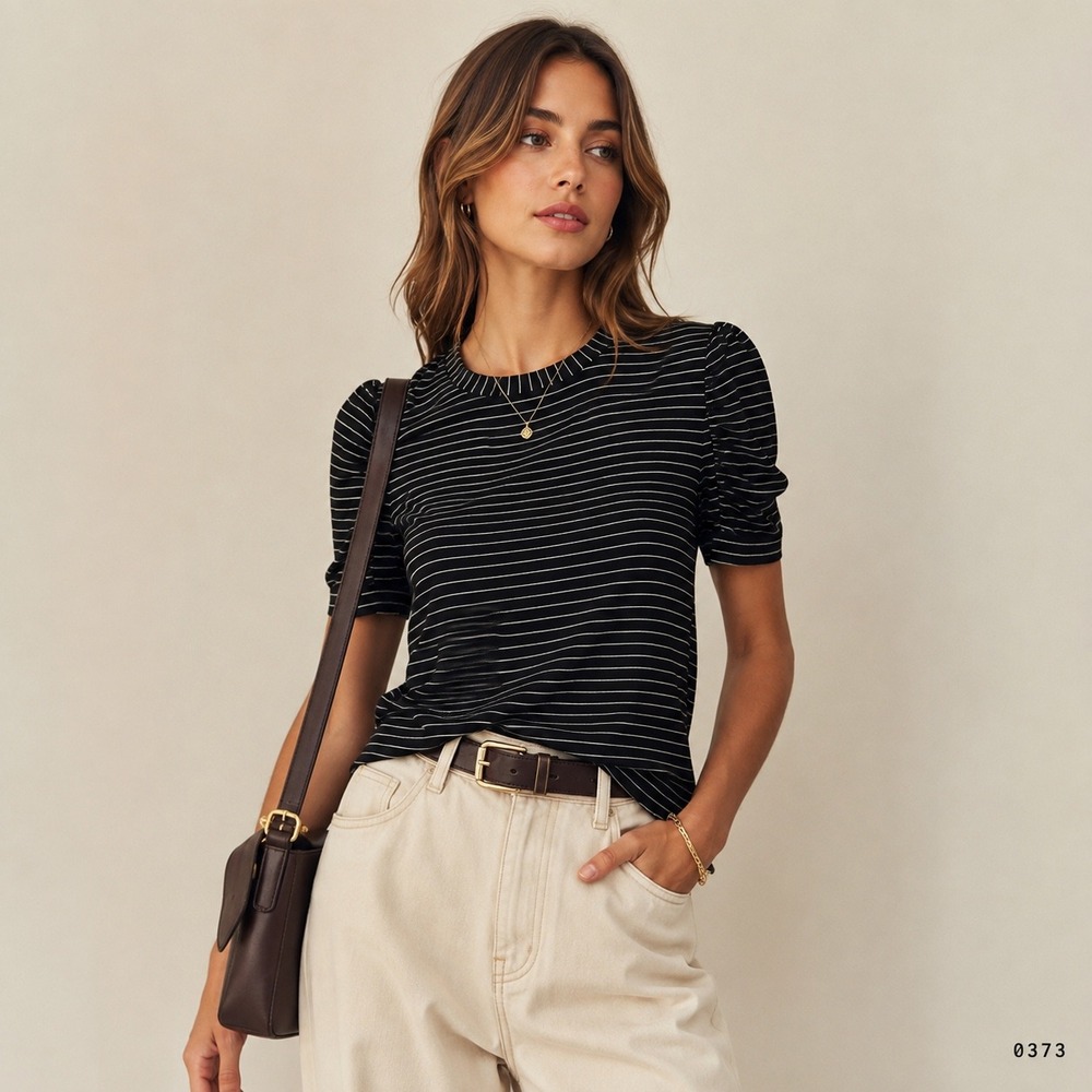 Modern Works Womens Black White Striped Puff Sleeve Crew Neck Top Size M 0373